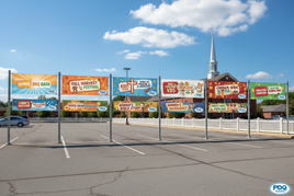  10 Small vinyl banners horizontal hanging in church parking lot for event advertising with background images and pdq signs logo 