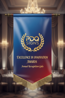 22" x 30" Satin Awards Banners have the highest quality dye sublimation paper transfer print. Banners can be sewn with a wood dowel top and/or bottom, straight or V cut bottom, and with or without fringe. Other options include decorative balls, spear tips, or metal eye hooks for hanging. Material options are Satin or Polyester Poplin (cotton look and feel). Uses include conferences, banquets, ceremonies, awards, and motivational. PDQ Signs logo hanging from background image