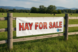 2ft by 8 ft banner horizontal hanging on fence pasture background image HAY FOR SALE pdq signs logo 