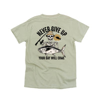 Fishing Skelly - Never Give Up (pf&b) - Comfort Colors Tee