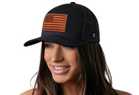 American Flag Trucker Hat Leather  |  Black USA Snapback