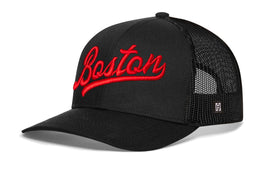 Boston Red Script Trucker Hat  |  Black Massachusetts Snapback