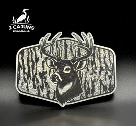 Buck Deer on Tree Bark Design Dual Layer Stainless Black Acrylic Hat Patch