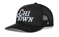 Chi Town White Script Trucker Hat  |  Black Illinois Snapback