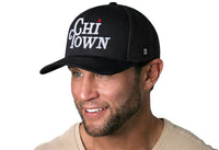Chi Town White Script Trucker Hat  |  Black Illinois Snapback