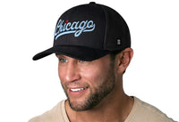 Chicago Light Blue Script Trucker Hat  |  Black Illinois Snapback
