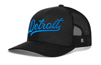 Detroit Blue Script Trucker Hat  |  Black Michigan Snapback