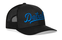 Detroit Blue Script Trucker Hat  |  Black Michigan Snapback