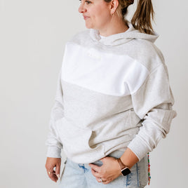 Colorblock Hoodie - Oatmeal + White  - Embroidered MAMA (Cream Thread)