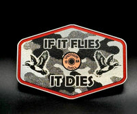 If It Flies Acrylic Hat Patch Linen Camo Design with Copper Acrylic Insert - 2 Pieces - 4 Colors Available