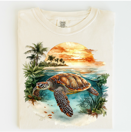 Retro Sea Turtle Ocean Sunset Scene Shirt - Printed On Comfort Colors