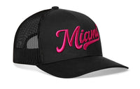 Miami Hot Pink Script Trucker Hat  |  Black Florida Snapback