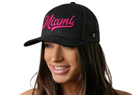 Miami Hot Pink Script Trucker Hat  |  Black Florida Snapback