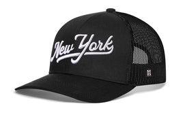 New York City White Script Trucker Hat  |  Black New York Snapback