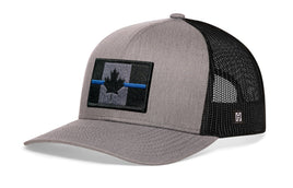 Thin Blue Line Trucker Hat  |  Gray-Black Canadian Maple Leaf Tactical Snapback
