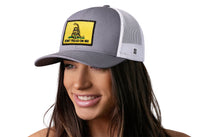 Dont Tread On Me Trucker Hat  |  Gray-White Gadsden Flag Yellow Snapback