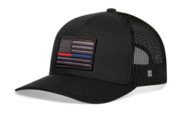 Thin Red and Blue Line Trucker Hat  |  Black Police And Fire Tactical Snapback