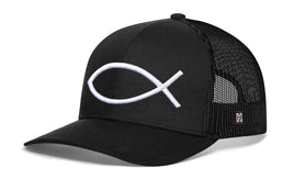 Jesus Fish Trucker Hat  |  Black bold ichthys Snapback