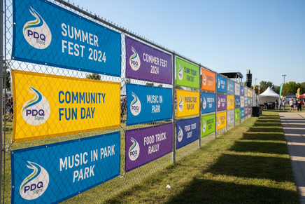 Banners hanging on fences PDQ Signs logo events