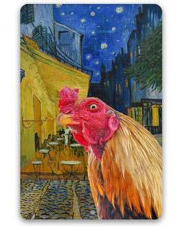 Café Terrace at Night Painting - Interrupted by Rooster - Metal Sign