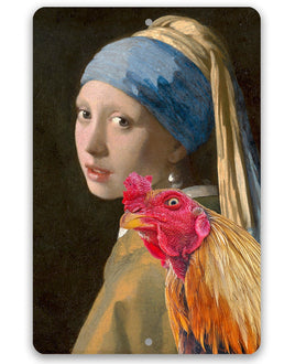 Girl with a Pearl Earring Painting - Interrupted Rooster - Metal Sign