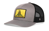 Dont Tread On Me Trucker Hat  |  Gray-Black Gadsden Flag Yellow Snapback