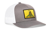 Dont Tread On Me Trucker Hat  |  Gray-White Gadsden Flag Yellow Snapback