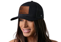 Dont Tread on Me American Flag Trucker Hat  |  Black Gadsden Leather Snapback