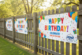 Horizontal vinyl banners hanging off wood fence image for birthday party event use pdq signs logo 