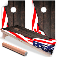 American Flag on Dark Wood - Cornhole Board Wrap - Set of 2