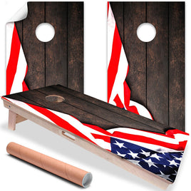 Flag on Dark Wood - Cornhole Board Wrap - Set of 2