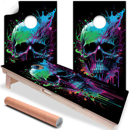 Neon Splatter Paint Skull - Cornhole Board Wrap - Set of 2