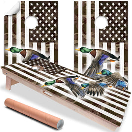American Camo Flag Duck Flying - Cornhole Board Wrap - Set of 2