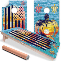 Sunset Sea Turtle and American Flag - Cornhole Board Wrap - Set of 2