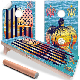 Sunset Sea Turtle and American Flag - Cornhole Board Wrap - Set of 2