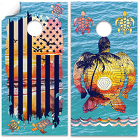 Sunset Sea Turtle and American Flag - Cornhole Board Wrap - Set of 2