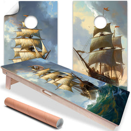 Vintage Sailing Ships Painting - Cornhole Board Wrap - Set of 2