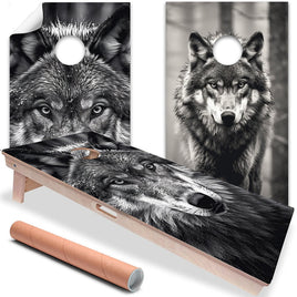 Black and White Wolves Portrait - Cornhole Board Wrap - Set of 2