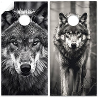 Black and White Wolves Portrait - Cornhole Board Wrap - Set of 2