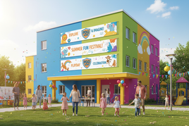 Image of horizontal banners hanging on outside wall of daycare event fun and happy with pdq signs logo 