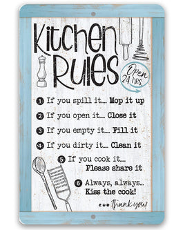 Kitchen Rules, Open 24 Hrs. - Metal Sign