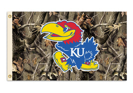 BSI PRODUCTS Kansas Jayhawks 3’x5’ Flag with Realtree Camo Background and Heavy-Duty Brass Grommets - KU Football & Basketball Pride - Durable for Indoor and Outdoor Use - Great Gift Idea, (95414)