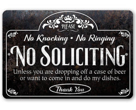 No Soliciting, Knocking, and Ringing - Metal Sign