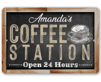 Personalized - Coffee Station Open 24 Hours (Chalkboard Look) - Metal Sign