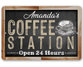 Personalized - Coffee Station Open 24 Hours (Chalkboard Look) - Metal Sign