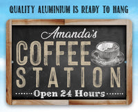 Personalized - Coffee Station Open 24 Hours (Chalkboard Look) - Metal Sign