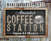 Personalized - Coffee Station Open 24 Hours (Chalkboard Look) - Metal Sign