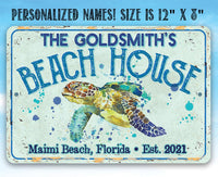 Personalized - Sea Turtle Beach House - Metal Sign