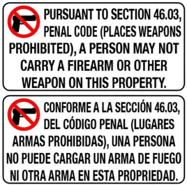 Places Weapons Prohibited 46.03 Signs 18x18