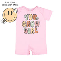 You Grow Girl on Front w/ Smiley and Flowers on Back - Short Sleeve / Shorts - One Piece Baby Romper